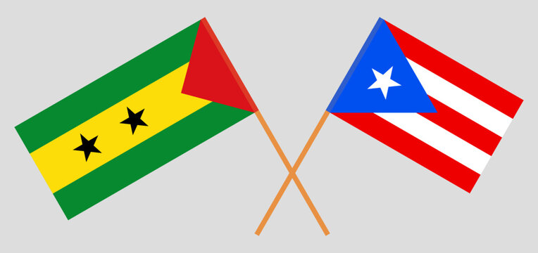 Crossed flags of Sao Tome and Principe and Puerto Rico. Official colors. Correct proportion