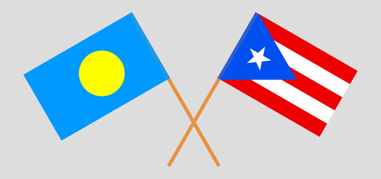 Crossed flags of Palau and Puerto Rico. Official colors. Correct proportion