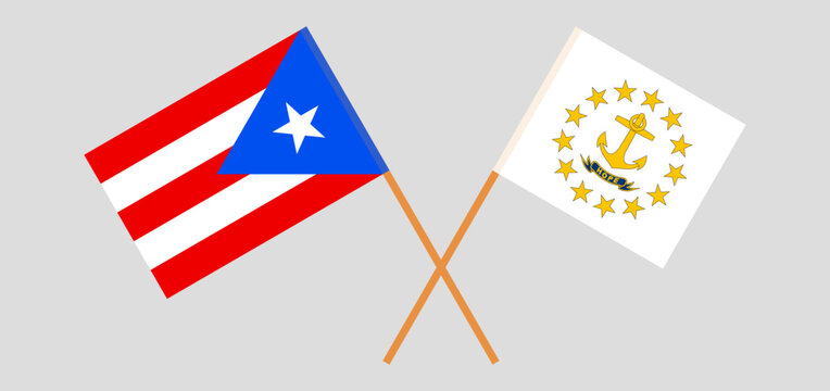 Crossed flags of Puerto Rico and the State of Rhode Island. Official colors. Correct proportion