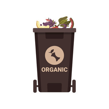 Container with organic trash on white background. Ecology and recycle concept. Vector Illustration of container for sorting natural garbage, food and compost wastes