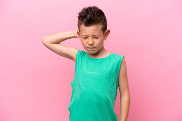 Little caucasian boy isolated on pink background with neckache © luismolinero