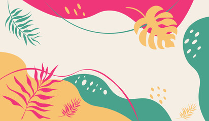Leaves of tropical flowers in warm shades. Background from tropical plants and the sea. Travel and vacation concept.