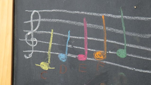 5 colorful musical notes written by a child on a school chalkboard, staff, stave, object detail, closeup, musical notation, musical education abstract concept, simple rising melody, nobody, no people