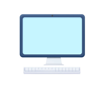 3D computer web work design element. Vector digital desktop, monitor screen display and keyboard, business and modern technologies equipment, realistic PC