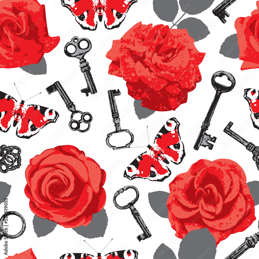 Aufkleber vector seamless pattern on the theme of love with roses, butterflies and keys. vector background in 