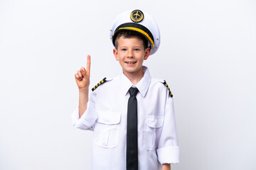 Little airplane pilot boy isolated on white background pointing up a great idea