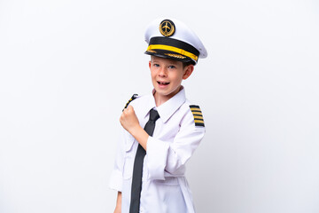 Little airplane pilot boy isolated on white background celebrating a victory