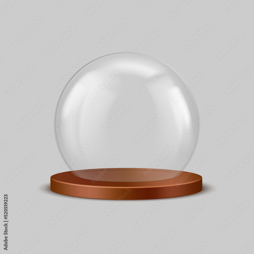 Aufkleber transparent glass dome and wooden tray in 3d realistic design. exhibition display spherical case sou