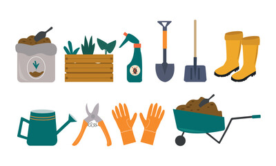 Vector illustration of gardening elements. Gardening and farming tools, equipments and plants.