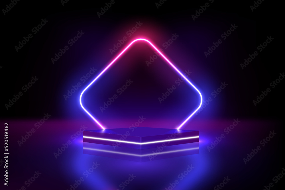 Aufkleber Neon podium, realistic 3d pedestal with illuminate horizontal lamp of blue and pink colors. Vector rendering product display presentation. Futuristic minimal scene with rhombus frame