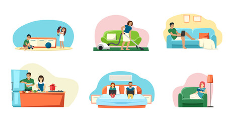 family routine. daily actions of happy family children playing mother and father reading book cooking relax time. Vector concept illustrations