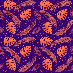 Naklejka premium Endless texture with seamless pattern of decorative tropical leaves. Printing on fabric, textiles, paper, scrapbooking, envelopes and backgrounds for websites, phones and web pages
