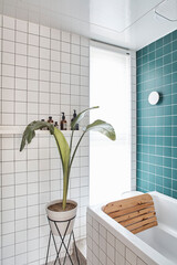modern bathroom interior with bathtub and flowers