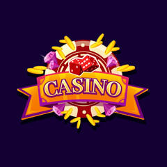 Casino gambling game banner, poker roulette lucky win, vector cartoon signboard background. Casino chips, dice and jackpot gold coins with diamonds, Vegas gamble game slot machines signboard