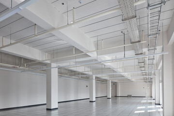 Empty Industrial Warehouse Interior with Exposed Ceiling, Modern Facility