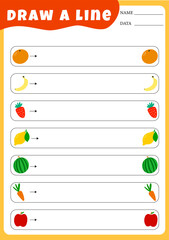 Trace the dotted lines from animals to food. Connect the dots, education game for children. Worksheet for preschoolers