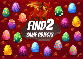 Find two same dragon eggs, cartoon red dragon with eggs in cave kids game worksheet. Vector educational activity puzzle, riddle or maze, attention test on lava background with funny winged monster