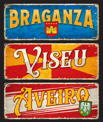 Viseu, Braganza, Aveiro, Portuguese city plates and travel stickers, vector luggage tags. Portugal cities tin signs and travel plates with landmarks, flag emblems and tourism sightseeing symbols - obrazy, fototapety, plakaty