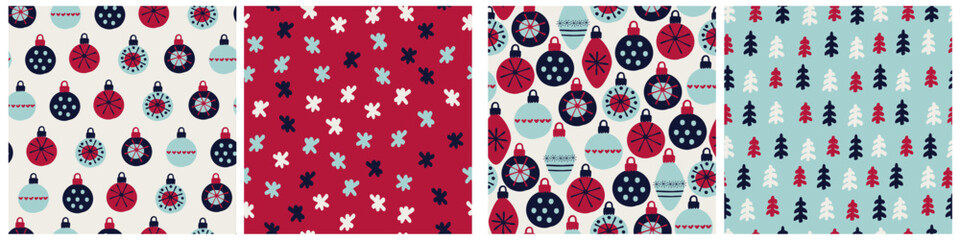 Fototapeta na wymiar Seamless patterns set. Hand drawn baubles decorated with patterns in Scandinavian style on light blue background. Christmas, New Year, winter holidays concept. For wrapping paper