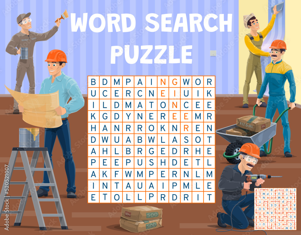 Poster foreman and workers. word search puzzle game worksheet. educational text riddle with words finding t