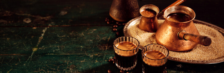 Traditional Turkish coffee on wooden table