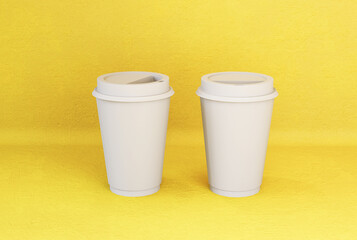 White cup for coffee on a yellow background with a shadow