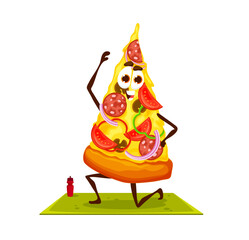 Cartoon funny pizza slice character on yoga fitness. Funny takeaway meal personage doing squats on fitness mat. Comical salami pizza piece vector character or isolated cute fast food personage