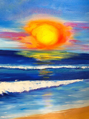 Naklejka na ściany i meble Original oil painting. Seascape. Sunset. Vertical format 