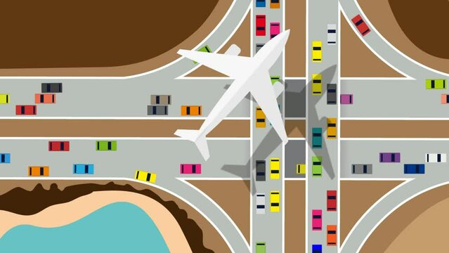 Road junction with many cars top view. Highway and transport. Intersections and overpasses. Vehicles moving on a road or public highway. Stream of heavy traffic. Animated illustration