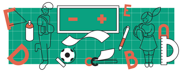 illustration of a school grading system. Attitudes of students towards education. Font composition. Line art of schoolchildren and office supplies