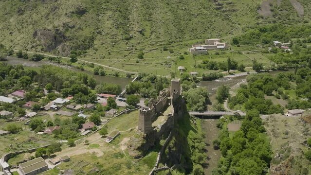 Khertvisi Ruins And Oldest Fortress On The Hill At The Confluence Of The Rivers Mtkvari And Paravani In Georgia. - aerial