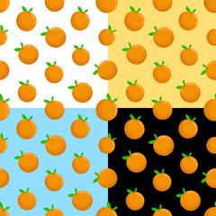 Set of seamless patterns with whole orange and leaves. Ornament for decoration and printing on fabric. Design element. Vector