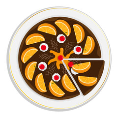 Chocolate biscuit cake on plate, fragrant pie with orange slices, cherries and cream. Exotic dessert top view. Cartoon vector isolated on white background