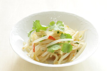 Chinese food, soy sprout stir fried served with coriander leaves