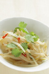 Chinese food, soy sprout stir fried served with coriander leaves