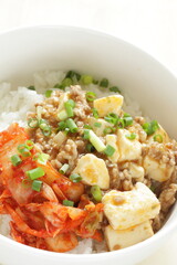 Fusion food, Chinese Mapo Tofu and Korean Kimchi on rice 