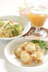 Chinese food, garlic stir fried with scallop served with coriander leaves