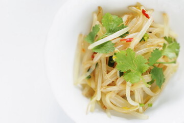 Chinese food, soy sprout stir fried served with coriander leaves