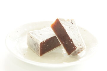 Japanese confectionery, red bean cake in half
