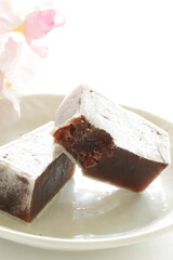Japanese confectionery, red bean cake in half