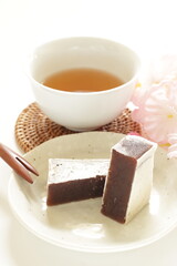 Japanese confectionery, red bean cake in half