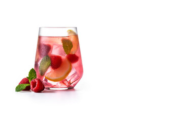 Raspberry lemonade drink isolated on white background. Copy space