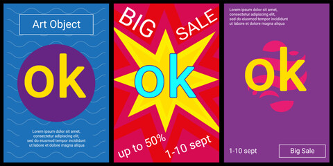 Trendy retro posters for organizing sales and other events. Large ok symbol in the center of each poster. Vector illustration on black background