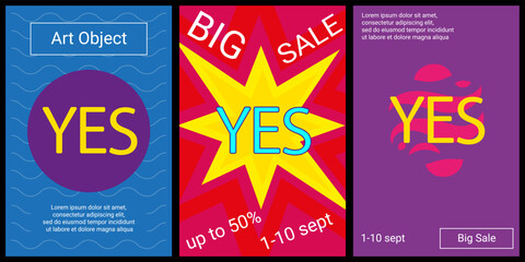 Trendy retro posters for organizing sales and other events. Large yes symbol in the center of each poster. Vector illustration on black background