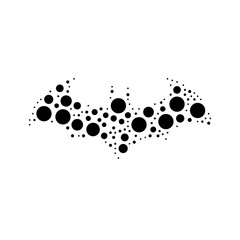 A large bat symbol in the center made in pointillism style. The center symbol is filled with black circles of various sizes. Vector illustration on white background