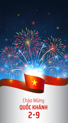 September 2, vietnam independence day, vector template vietnamese flag, fireworks on blue night sky background. National holiday. Greeting card. Translation: Happy independence day september 2