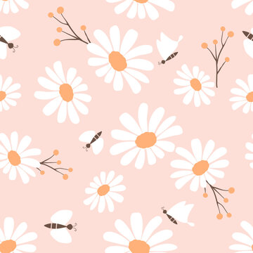 Seamless pattern with daisy flower, branches and butterfly cartoons on orange background vector.