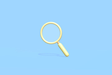 3D rendering of a magnifying glass for research, search, and analysis. Blue background.