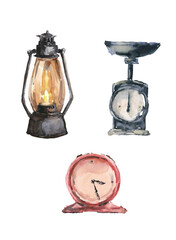 Autumn vintage home decor, kerosene lamp, kitchen scale, table clock, watercolor illustration