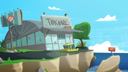 Illustration of a building narrow the sea with sea landscape behind it in cartoon style